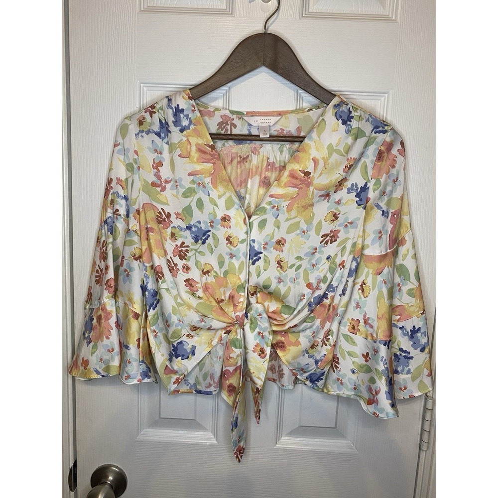 Lauren Conrad Blouse Top Women's Small Crop White Floral Boho Soft Cottagecore